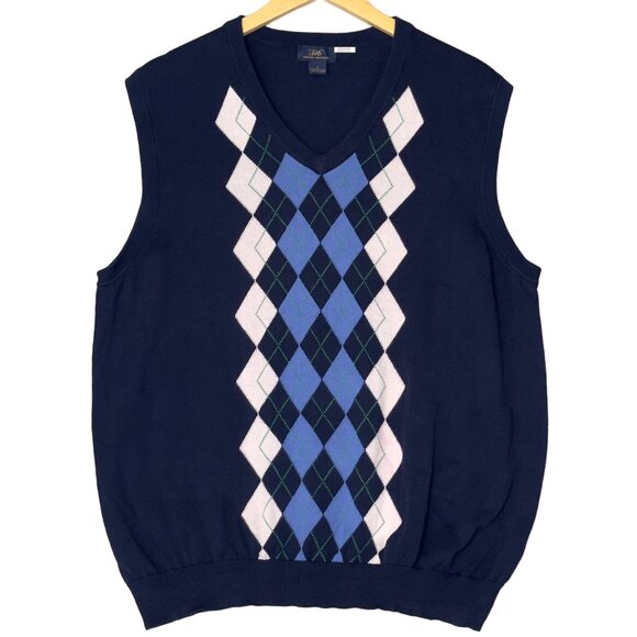 Brooks Brothers 346 Navy Argyle V-Neck Sleeveless Cotton Sweater Vest Size L - Picture 1 of 7